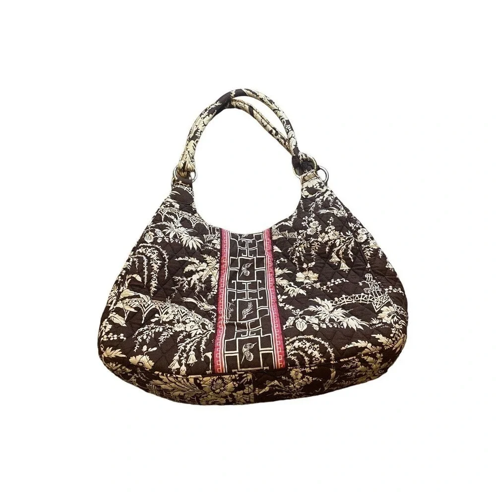 Vera Bradley Imperial Toile Large Hobo Shoulder Bag Brown White Pink Birds - Picture 1 of 16